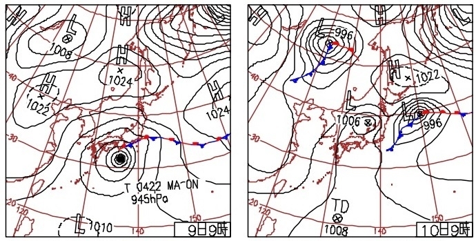 図３　平成16年10月9日9時の天気図（左）と10日9時の天気図（右） 