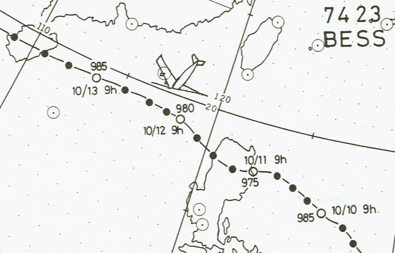 図　帰らざる機を生じた、昭和49年（1974年）の台風23号（ベス）