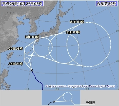 図１　台風の進路予報（平成29年10月27日3時）