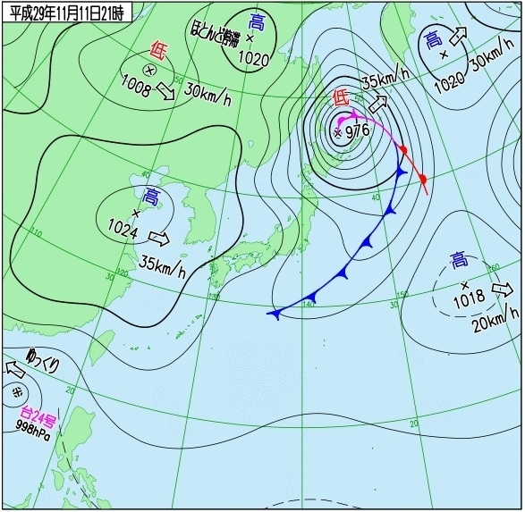 図1　地上天気図（平成29年11月11日21時）