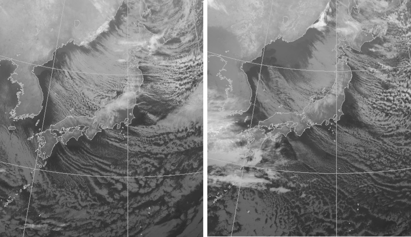 図3　気象衛星「ひまわり」の赤外画像（左：12月27日８時、右：28日8時）