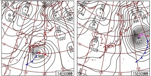 図1　地上天気図（左：平成25年（2013年）1月14日9時、右：1月15日9時）