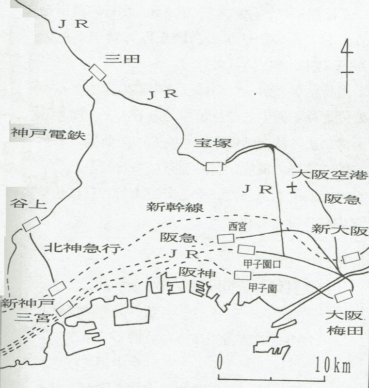 図1　平成7年（1995年）1月23日現在の主な鉄道の不通区間（点線部）