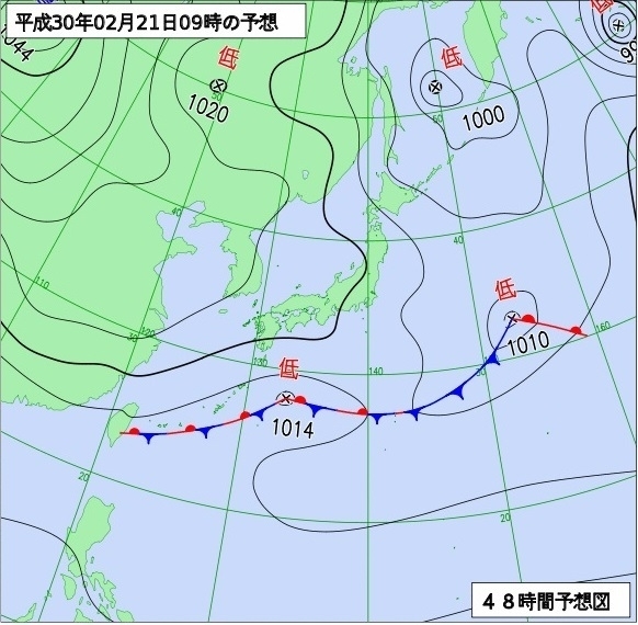 図1　予想天気図（平成30年（2018年）2月21日9時の予想）