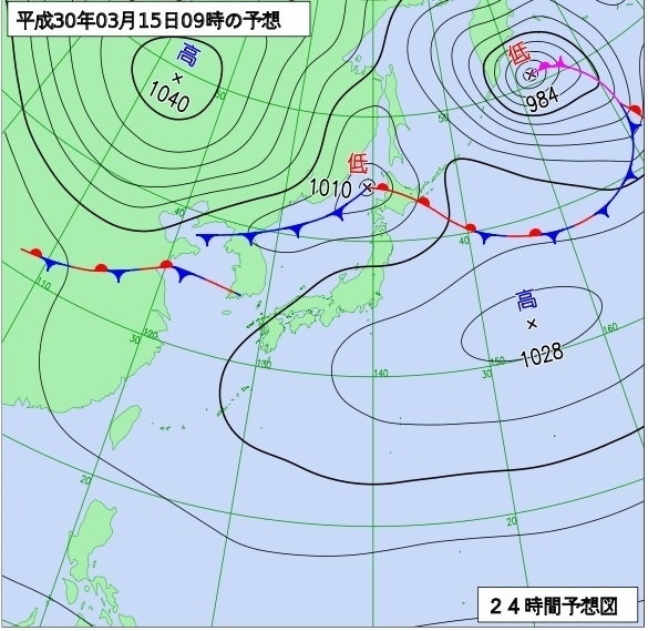 図1　予想天気図（3月15日9時の予想）