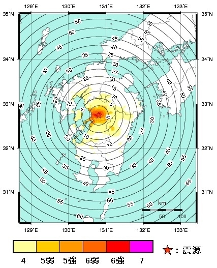 図1　震度7を観測した熊本地震の前震の緊急地震速報（平成28年（2016年）4月14日21時26分）