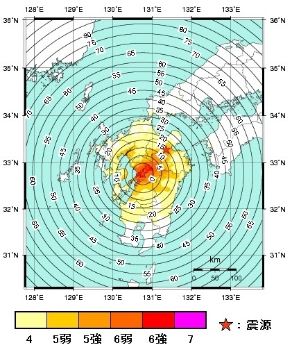 図2　震度7を観測した熊本地震の緊急地震速報（平成28年（2016年）4月16日1時45分）