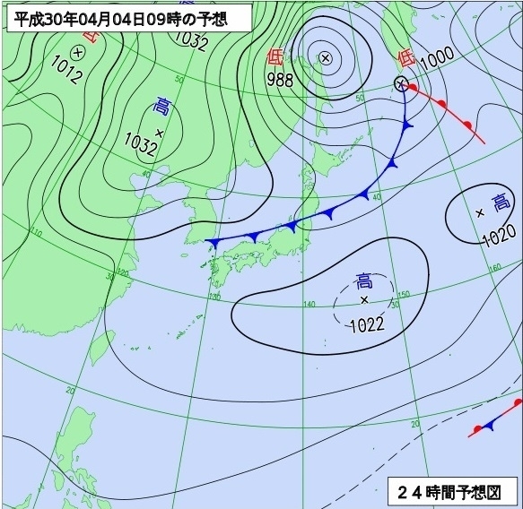 図1　予想天気図（4月4日9時の予想）