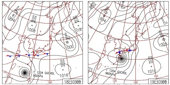 図2　平成24年6月18日9時と19日9時の地上天気図