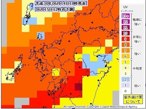 図4　九州地方北部の紫外線予測分布図（6月15日12時の予測）