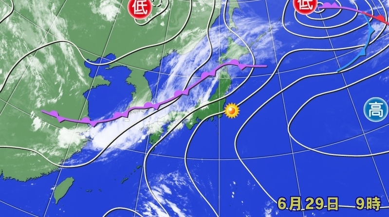 図1　関東甲信地方の梅雨明けの日の衛星画像と地上天気図（6月29日9時）