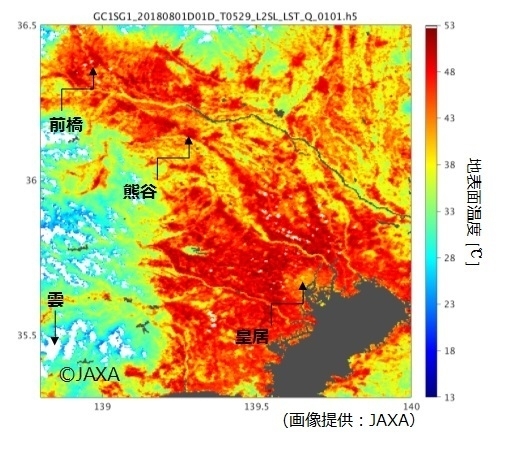 図3　「しきさい」による東京周辺の日中地表面温度（8月1日10時40分頃、白色の領域は雲域）
