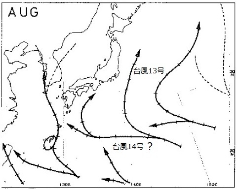 図3　台風の存在分布と進行方向と進行速度を加味した８月の台風の経路