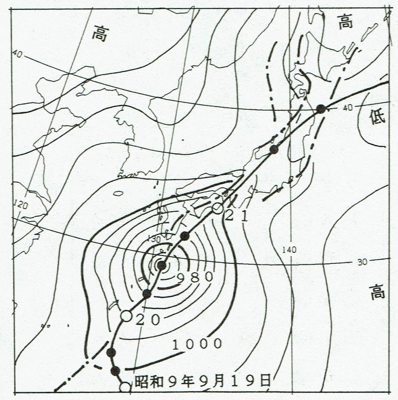 図1　室戸台風の経路と昭和9年9月20日18時の地上天気図（白丸は6時の位置）