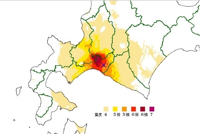 図1　北海道胆振東部地震発生の4分後に作成された推計震度分布（9月6日3時12分発表）