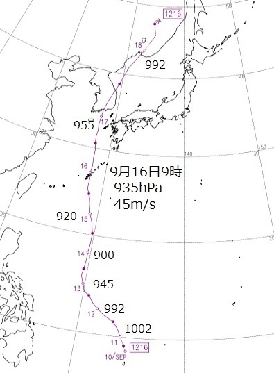 図2　平成24年の台風16号の経路図