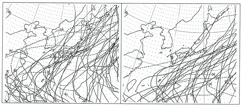 図2　９月の台風経路（左）と10月の台風経路（右）
