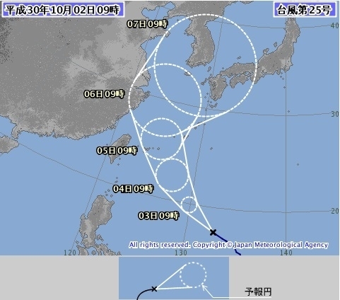 図1　台風の進路予報（10月2日9時の5日間予想）