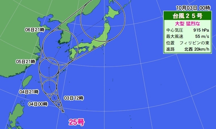 図1　台風25号の進路予報（10月3日1時の予報）