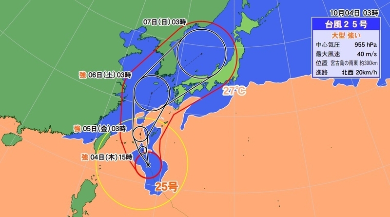 図1　台風25号の進路予報と海面水温（10月4日3時）