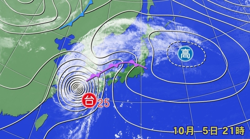 図3　台風25号の衛星写真と地上天気図（10月5日21時）