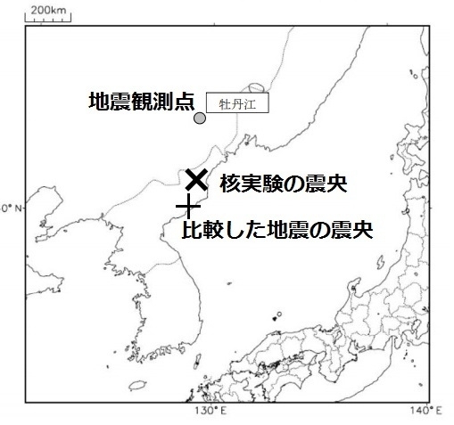 図3　波形比較に利用した地震観測点（牡丹江）の位置と震央