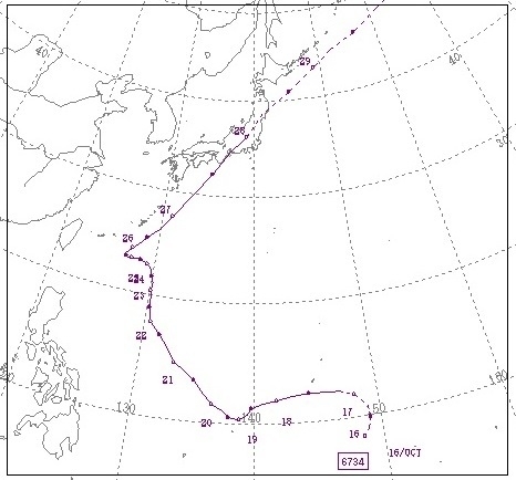 図2　昭和42年（1967年）の台風34号の経路図
