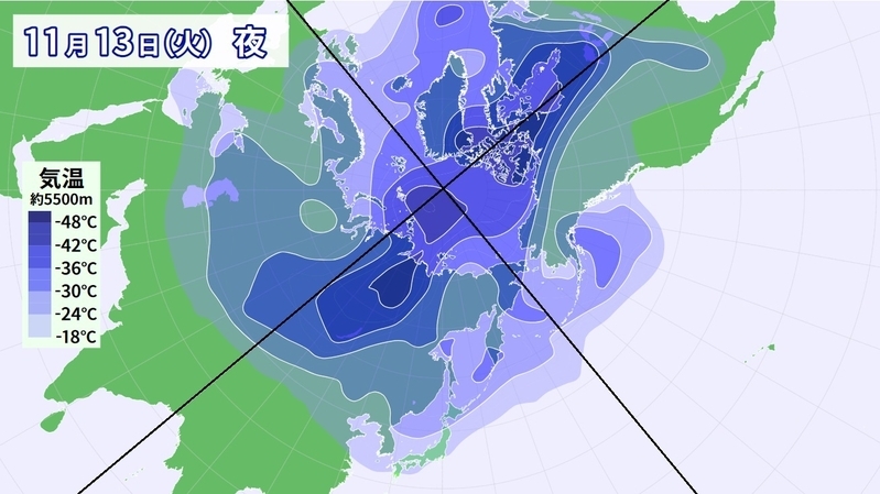図2　北半球の寒気南下（11月13日夜の予想）