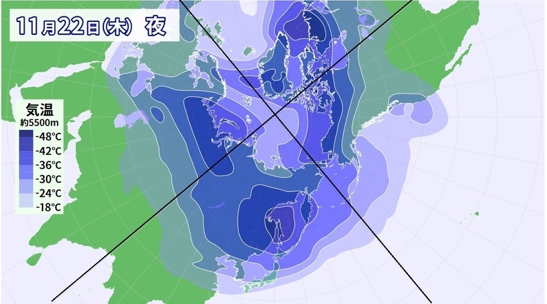 図3　北半球の寒気南下（11月22日夜の予想）