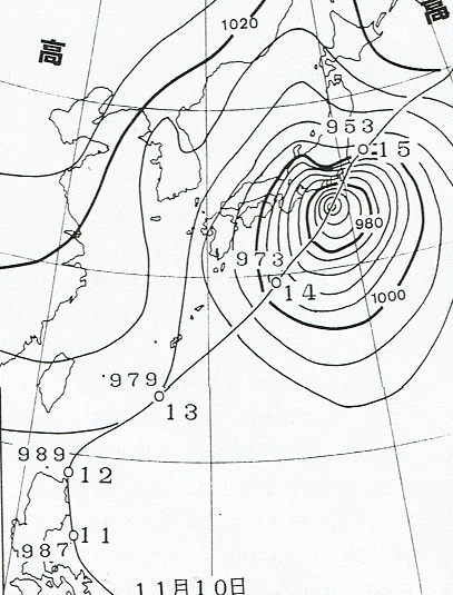 図3　七五三台風の経路（図中の白丸は6時の位置）と昭和7年11月14日18時の天気図