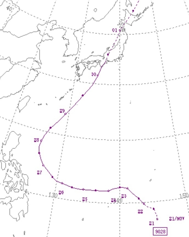 図2　平成2年（1990年）の台風28号の経路
