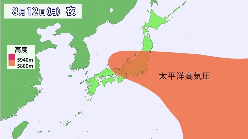 図1　日本付近の太平洋高気圧（8月13日夜の予想）