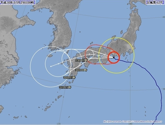 図4　台風12号の西進（7月29日0時の進路予報）