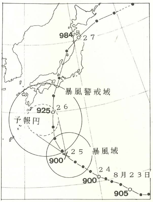 図2　伊勢湾台風の経路と当時の予報（9月25日9時発表）をもとに作成した予報円と暴風警戒域