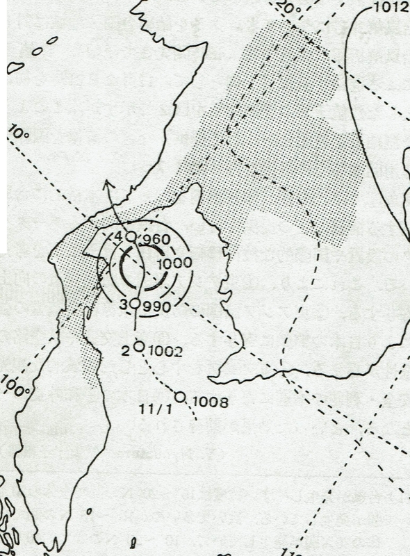 図2　台風29号の経路（白丸は9時の位置）と11月３日21時の地上天気図（ハッチはタイ国）