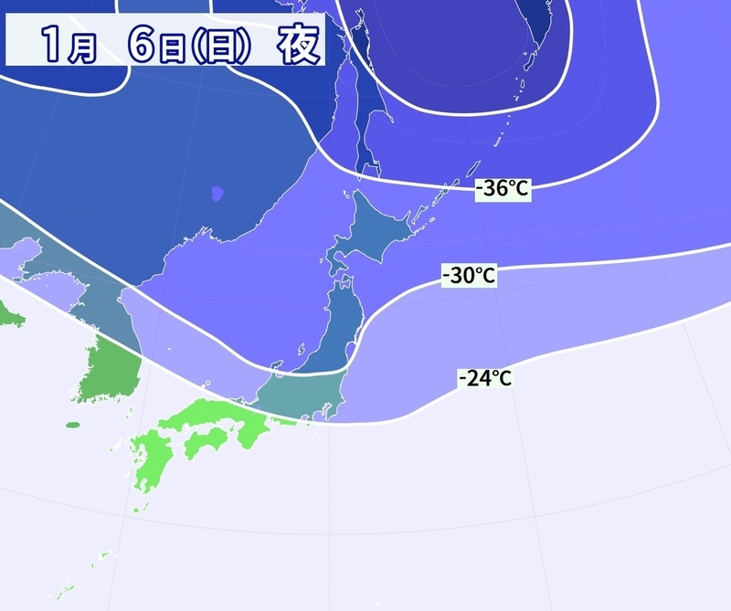 図5　日本上空の約5500メートルの気温予想（1月6日夜）