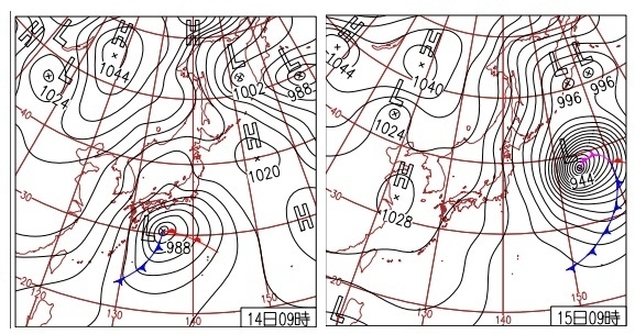 図7　地上天気図（左は2013年1月14日9時、右は15日9時）