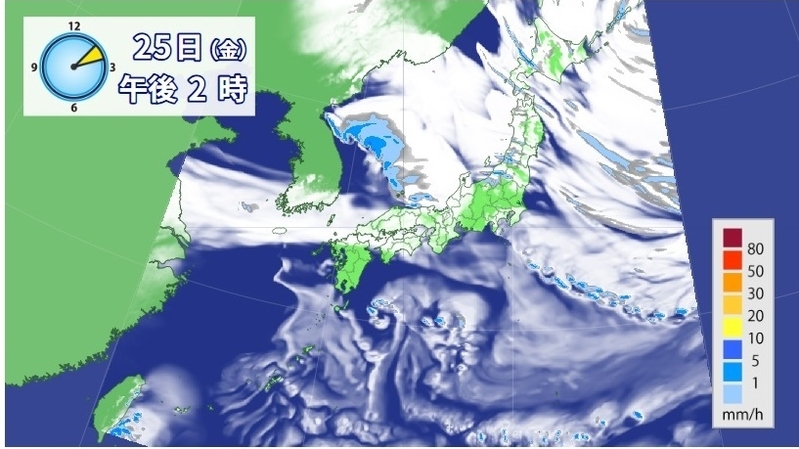 図3　日本海西部と関東南海上の雲の帯（1月25日午後2時）