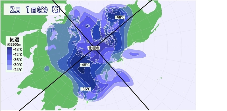 図1　北半球上空約5500メートルの気温（図中、氷点下48度の領域が寒気の中心）