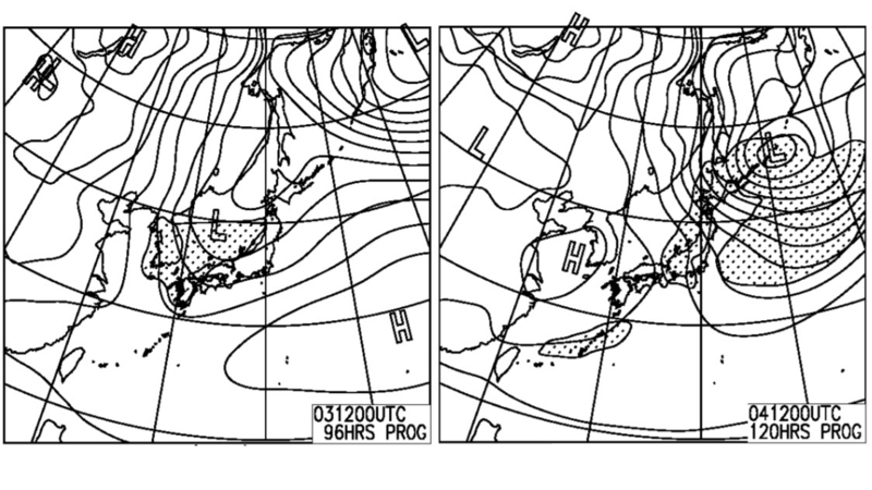 図2　予想天気図（左は2月3日21時の予想、右は4日21時の予想）
