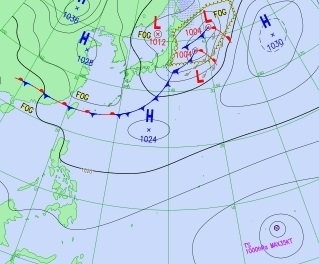 図1　予想天気図（2月20日9時、台風発生6時間後の予想天気図）