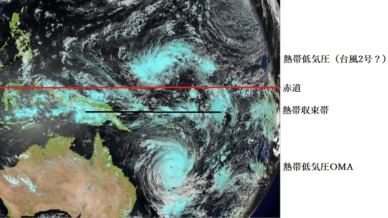 図2　台風2号になりそうな熱帯低気圧とオーストラリアの東海上を南下する発達した熱帯低気圧