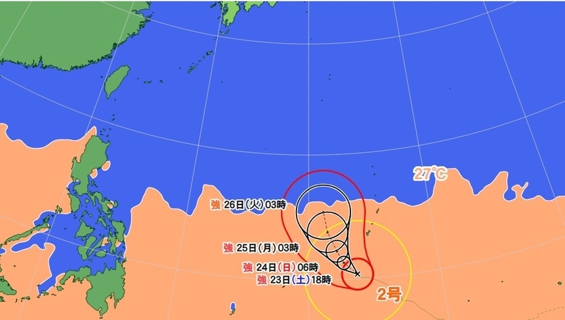 図1　72時間先の台風2号の強度予想（２月23日6時観測の予報）と海面水温