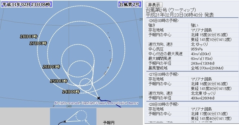 図3　台風2号の5日先の予報（2月23日6時の予報）