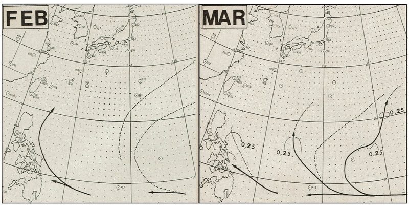 図2　台風の2月の平均進路（左）と3月の平均進路（右）