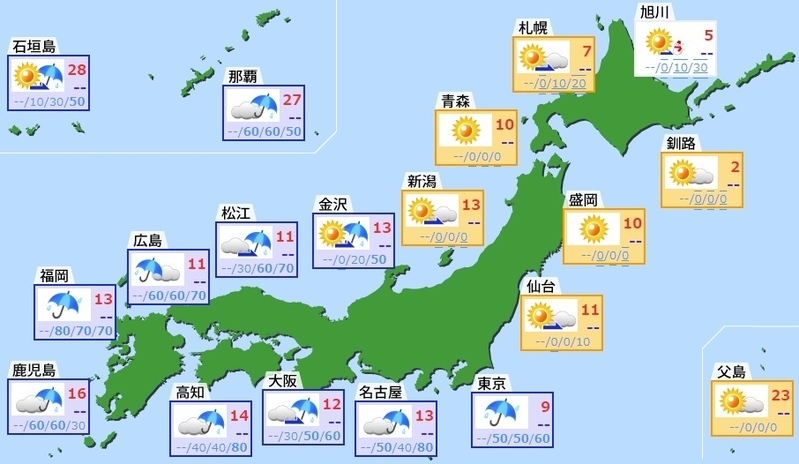 図2　各地の桃の節句の日（3月3日）の天気予報