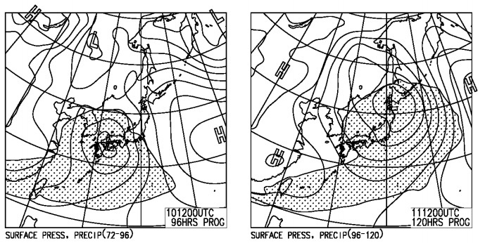 図3　予想天気図（3月10日21時（左）と11日21時（右）の予想）