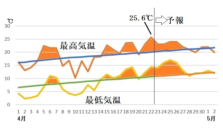 図2　東京の4月から5月の最高気温と最低気温の推移（4月23～29日は気象庁、4月30日～5月2日はウェザーマップの予報）