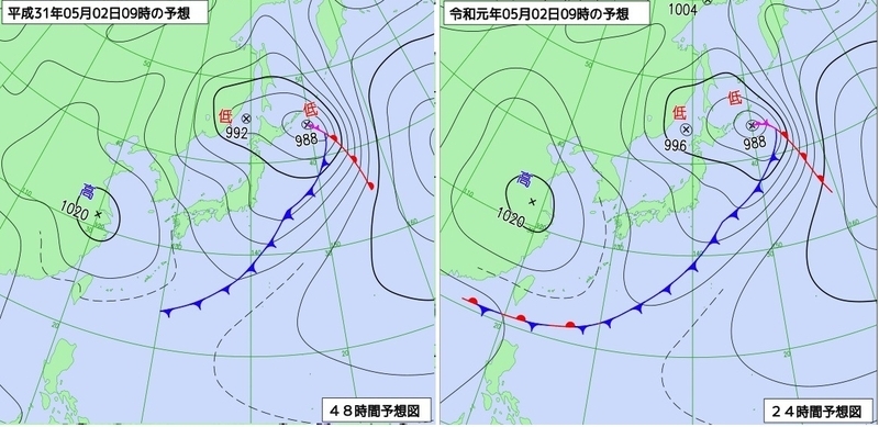 図1　5月2日9時の予想天気図（左：平成に発表、右：令和に発表）