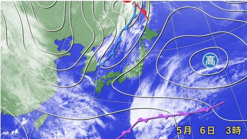 図1　日本海を南下する寒冷前線の雲と地上天気図（5月6日3時）